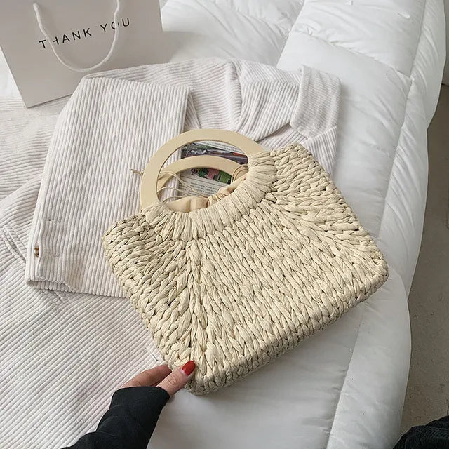 Casual Summer Straw Tote Bag Women Travel Handbag Lady Shoulder Beach Soild
