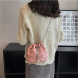 Casual Weaving Shoulder Bags for Women PU Leather Bucket Shape Chains Crossbody