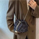Casual Weaving Shoulder Bags for Women PU Leather Bucket Shape Chains Crossbody