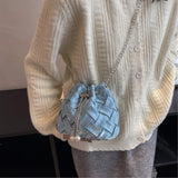 Casual Weaving Shoulder Bags for Women PU Leather Bucket Shape Chains Crossbody