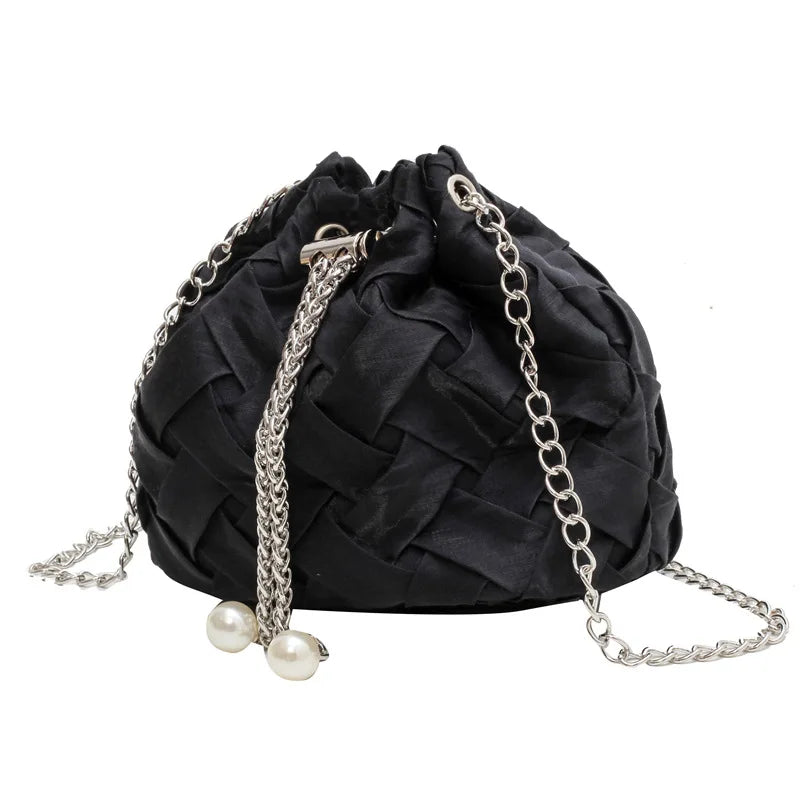 Casual Weaving Shoulder Bags for Women PU Leather Bucket Shape Chains Crossbody