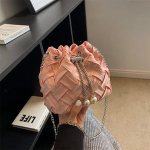 Casual Weaving Shoulder Bags for Women PU Leather Bucket Shape Chains Crossbody