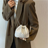 Casual Weaving Shoulder Bags for Women PU Leather Bucket Shape Chains Crossbody