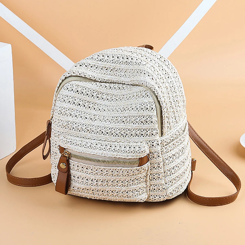 Anti-Theft Straw Mini Backpack Summer Shoulder Bag Girls Weave Hollow Beach Bag