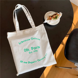 Casual Canvas Shoulder Bag Paris Letters Print Eco Cotton