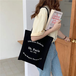 Casual Canvas Shoulder Bag Paris Letters Print Eco Cotton
