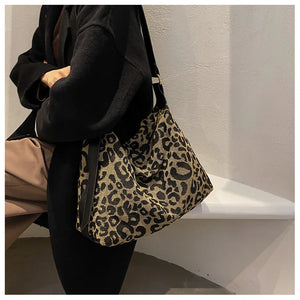 Leopard Canvas Hobo Bag Large Capacity Crossbody Handbag for Women