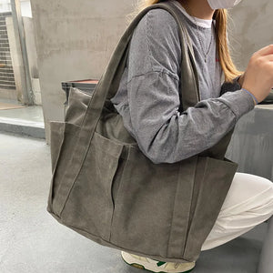 Casual Canvas Shoulder Bag Solid Large Capacity Shopping Handbag