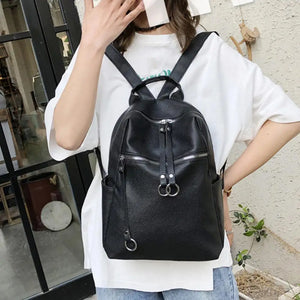 Casual PU Leather Backpack Large Capacity Dual Zipper Student Bag