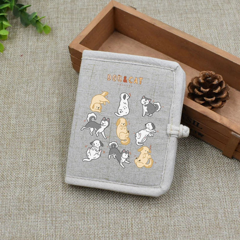 Cartoon Pet Print Wallet Cat and Dog Linen Japanese Purse Lady Short Wallets
