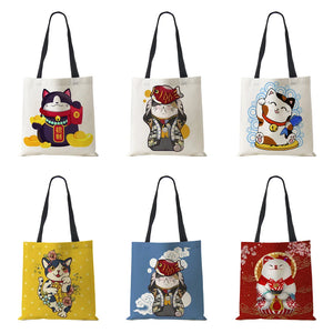 Cat Cartoon Shoulder Bag Japanese Shopping Reusable Canvas Tote Bag Women