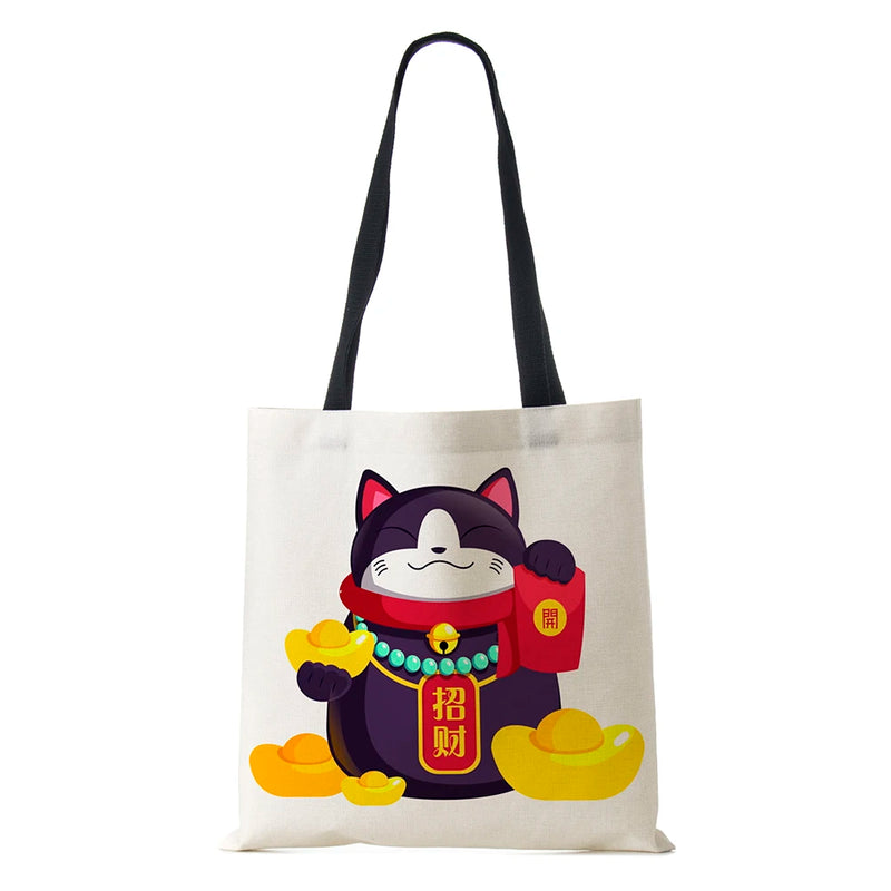 Cat Cartoon Shoulder Bag Japanese Shopping Reusable Canvas Tote Bag Women