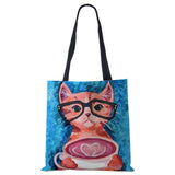 Cat Print Canvas Shoulder Bag Women Shopping Reusable Handbag Large Capacity