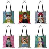 Cat Print Canvas Shoulder Bag Women Shopping Reusable Handbag Large Capacity