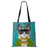 Cat Print Canvas Shoulder Bag Women Shopping Reusable Handbag Large Capacity