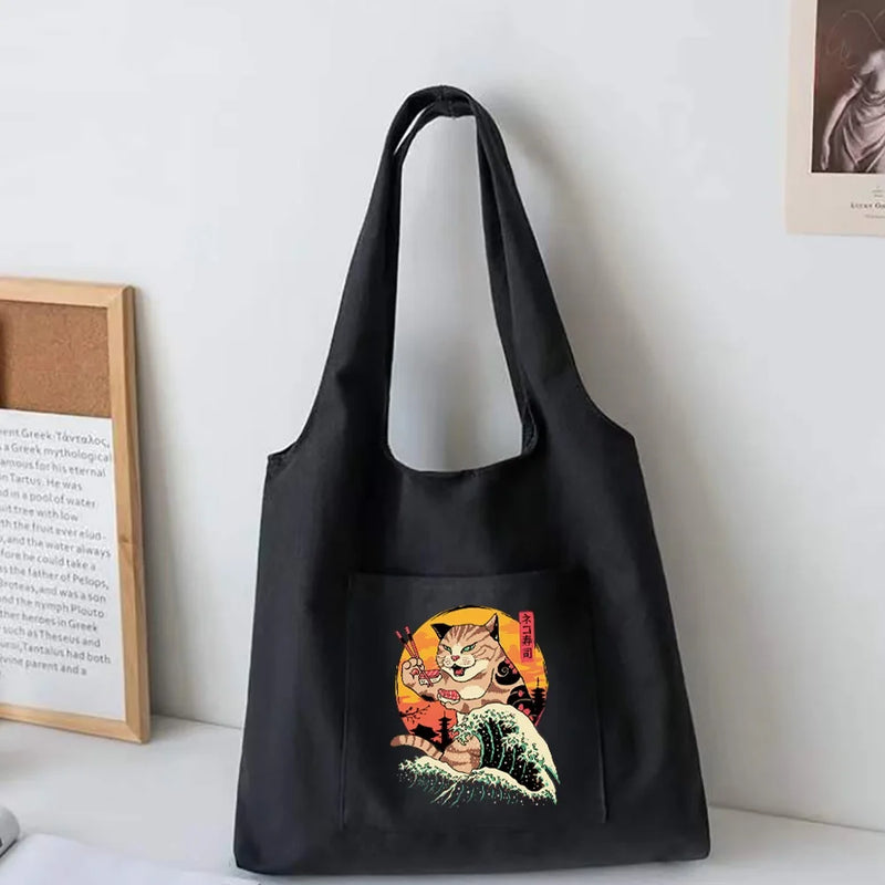 Cat Pattern Canvas Vest Bag Women Large Capacity Shopper Tote Bag