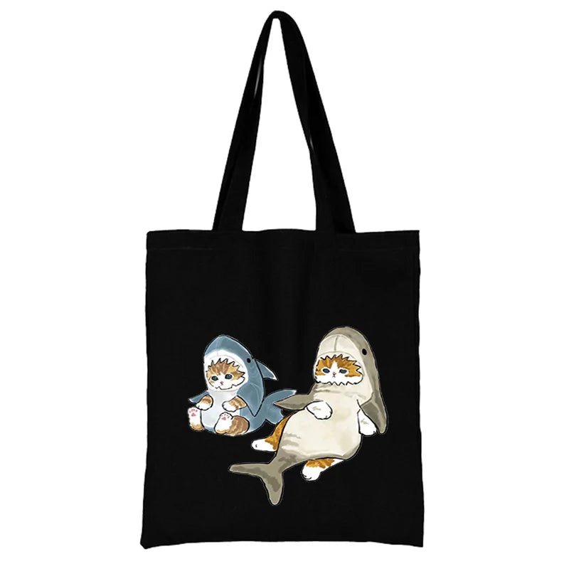 Cat Shopping Bag Woman Shopper Folding Canvas Tote Travel Bags Handbags Beach