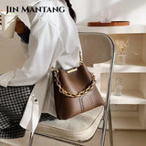 Chain Bucket Shoulder Bags Women Handbags Crossbody Totes Solid PU Leather