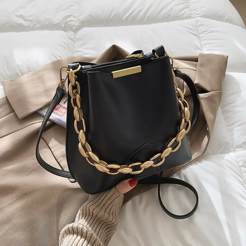 Chain Bucket Shoulder Bags Women Handbags Crossbody Totes Solid PU Leather