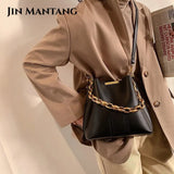 Chain Bucket Shoulder Bags Women Handbags Crossbody Totes Solid PU Leather