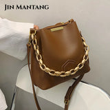Chain Bucket Shoulder Bags Women Handbags Crossbody Totes Solid PU Leather