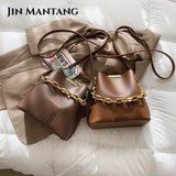 Chain Bucket Shoulder Bags Women Handbags Crossbody Totes Solid PU Leather