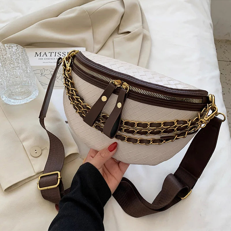 Chain Waist Bags Weave PU Leather Fanny Pack For Women Waist Pack