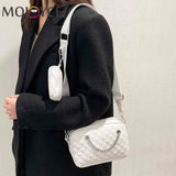 Embroidered Rhombic Lattice Underarm Bag with Small Purse