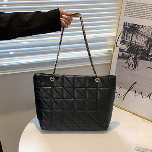 Brown Chain Quilted Shoulder Bag Large Tote Bag Zipper Leather Sh