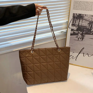 Brown Chain Quilted Shoulder Bag Large Tote Bag Zipper Leather Sh