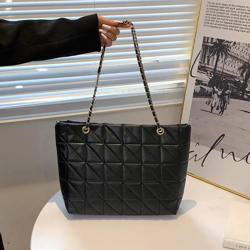 Brown Chain Quilted Shoulder Bag Large Tote Bag Zipper Leather Sh