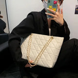 Brown Chain Quilted Shoulder Bag Large Tote Bag Zipper Leather Sh