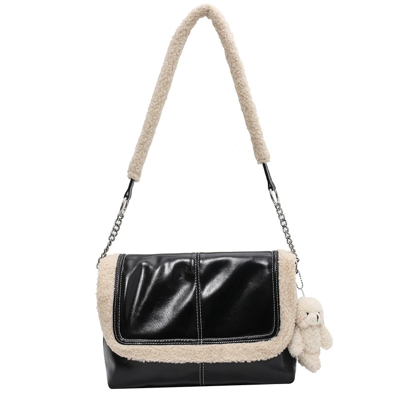 Chain Shoulder Bag Soft Leather Handbags Lambs Wool Crossbody Bag