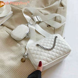 Embroidered Rhombic Lattice Chain Shoulder Bag with Small Purse