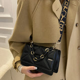Embossed Chain Shoulder Bag Wide Strap Flap Messenger Bag