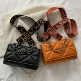 Embossed Chain Shoulder Bag Wide Strap Flap Messenger Bag