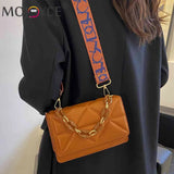 Embossed Chain Shoulder Bag with Wide Strap for Weekend Vacation