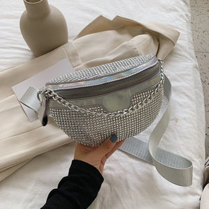 Leather Waist Pack Crossbody Chest Bags Bright Diamonds Female Belt Bag