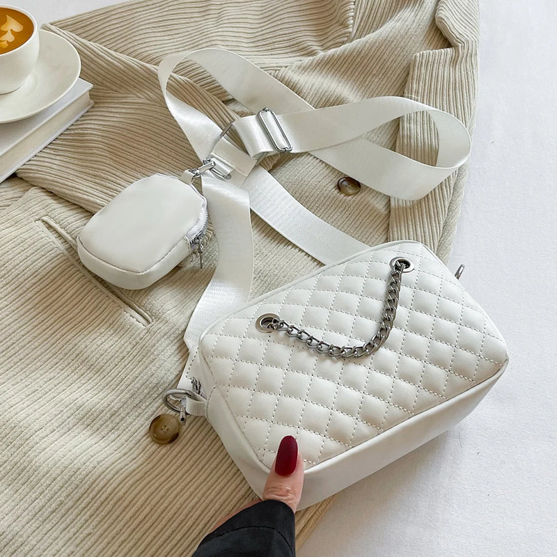 Embroidered Rhombic Lattice Women Crossbody Bag with Small Purse
