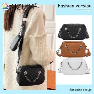 Embroidered Rhombic Lattice Crossbody Bag with Small Purse