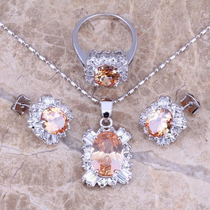 Champagne Morganite CZ Silver Plated Jewelry Set S0080