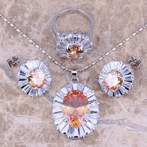 Champagne Morganite CZ Silver Plated Jewelry Set - Size 6 7 8 9 10
