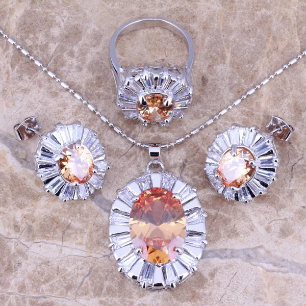 Champagne Morganite CZ Silver Plated Jewelry Set - Size 6 7 8 9 10