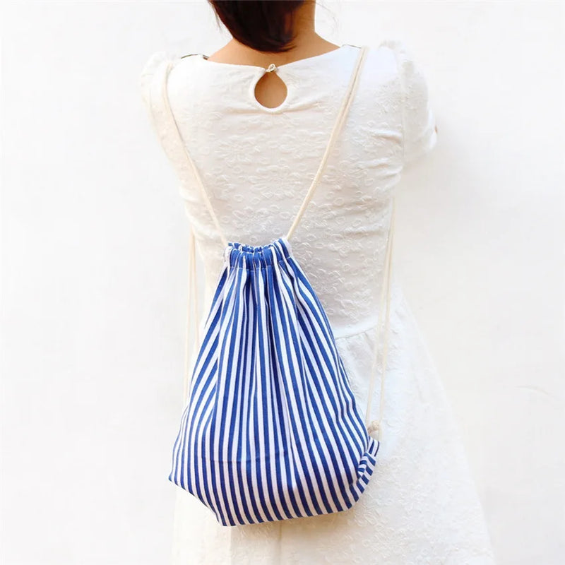 Striped Drawstring Backpack Bag Women Sackpack Cotton Canvas