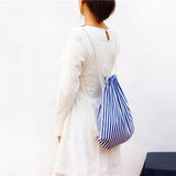 Striped Drawstring Backpack Bag Women Sackpack Cotton Canvas