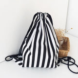 Striped Drawstring Backpack Bag Women Sackpack Cotton Canvas