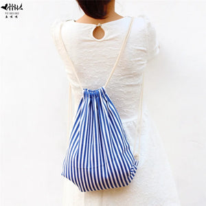Striped Drawstring Backpack Bag Women Sackpack Cotton Canvas