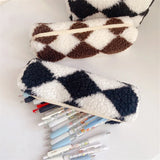 Checkerboard Flannel Pencil Case Large Capacity Stationery Bag