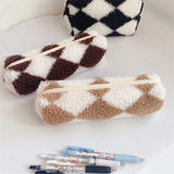 Checkerboard Flannel Pencil Case Large Capacity Stationery Bag