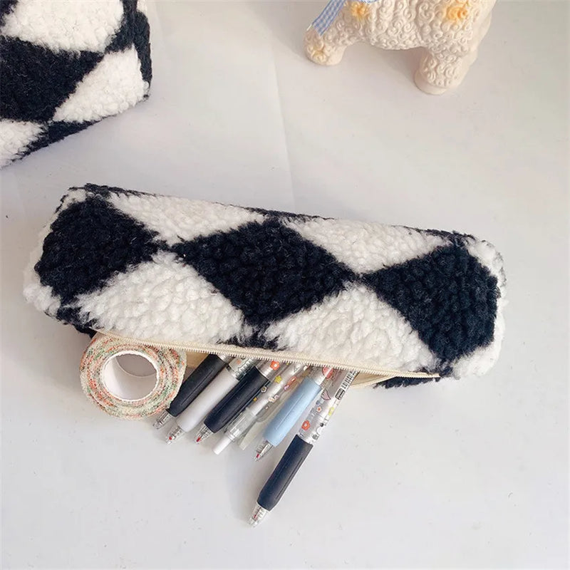 Checkerboard Flannel Pencil Case Large Capacity Stationery Bag